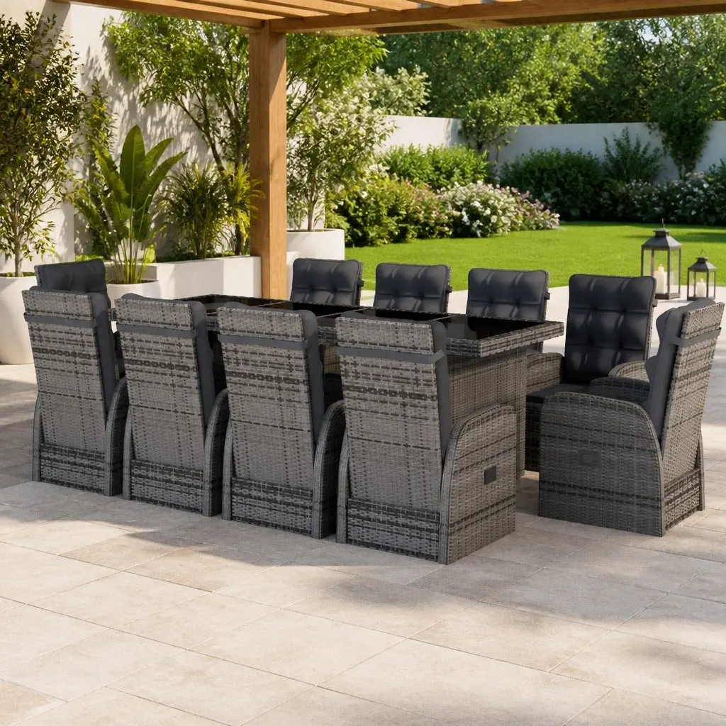 Outdoor Dining Set 11 Piece Garden Patio Furniture Grey Poly Rattan with Cushions