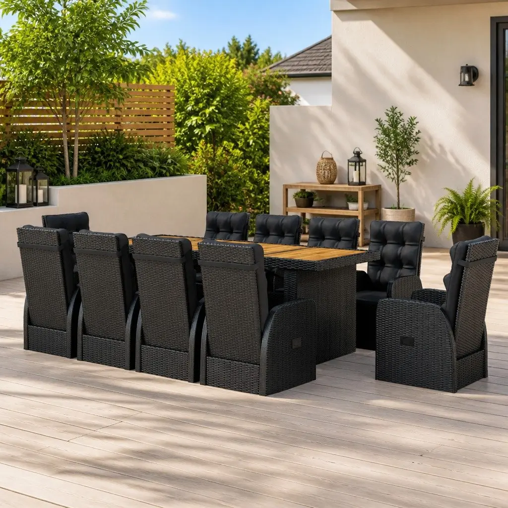 11 Piece Outdoor Dining Set Black PE Rattan Steel Frame Acacia Wood Table Chairs