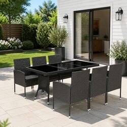 7 Piece Garden Dining Set: Black Rattan and Steel Construction