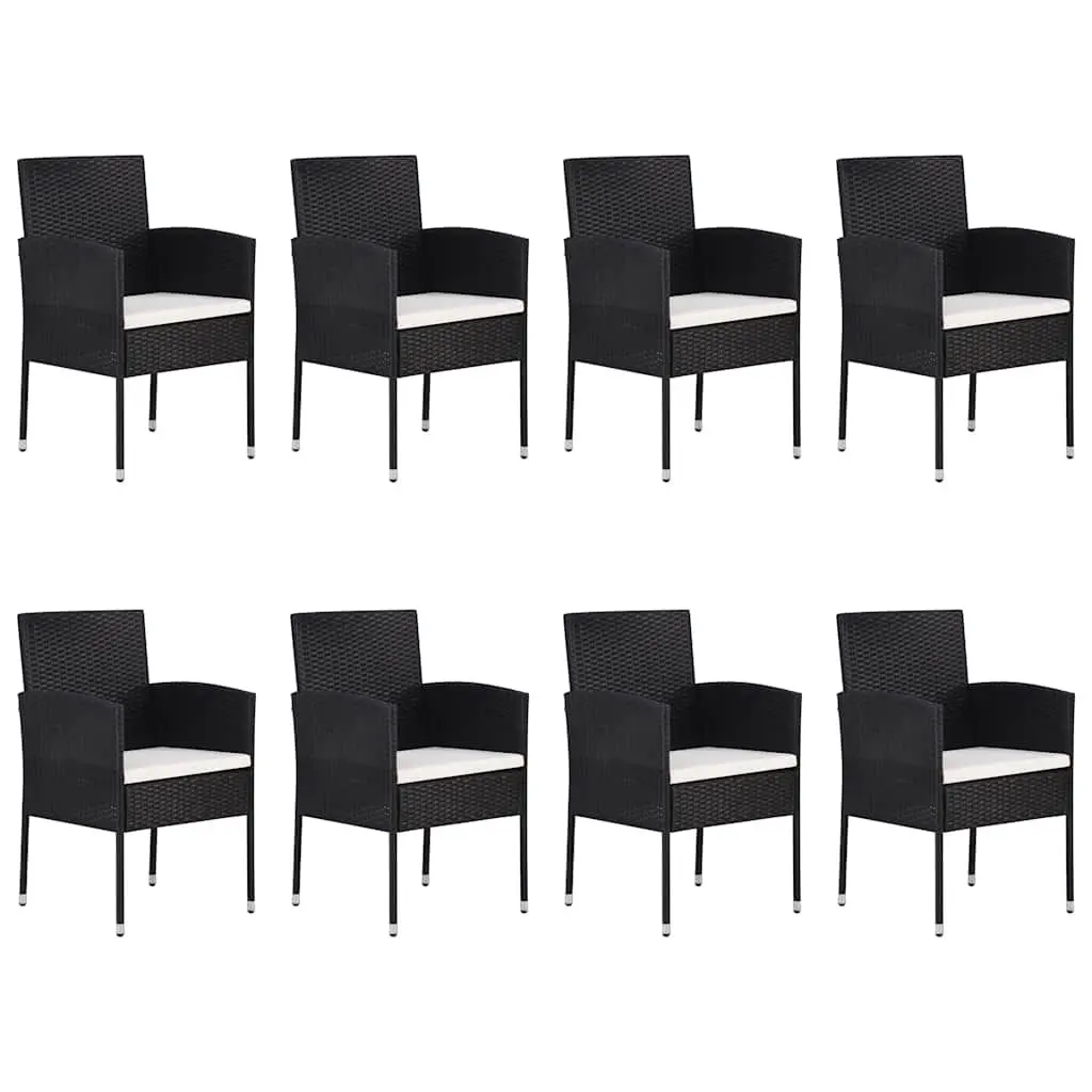 9 Piece Garden Dining Set Black PE Rattan Table with Glass Top and Cushioned Chairs for Outdoor Patio Use