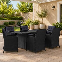 7 Piece Outdoor Garden Dining Set Black Poly Rattan Patio Furniture Glass Table