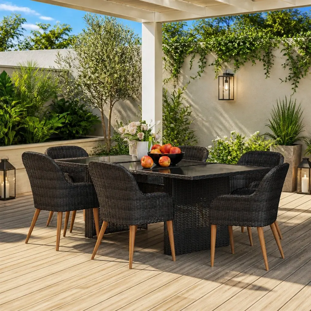 Garden Dining Set Outdoor Use 7 Piece Poly Rattan Patio Table Chairs