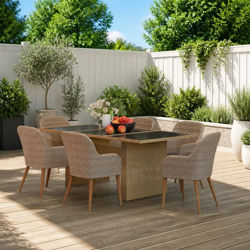 7 Piece Patio Dining Set for Outdoor Use Brown Poly Rattan Table with Cushions and Chairs
