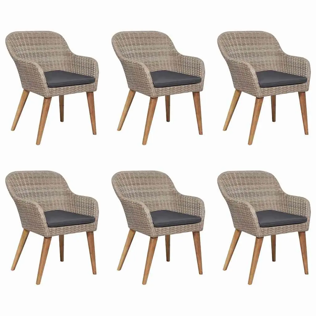 7 Piece Patio Dining Set for Outdoor Use Brown Poly Rattan Table with Cushions and Chairs