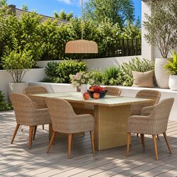 Outdoor Garden Dining Set 7 Piece Poly Rattan Brown Patio Furniture Glass Table