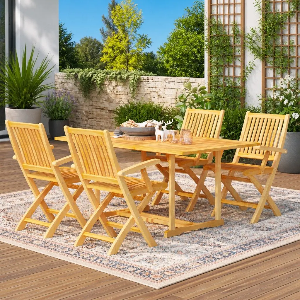 5 Piece Garden Dining Set Teak Wood Outdoor Patio Furniture Table Chairs