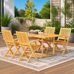 5 Piece Garden Dining Set Teak Wood Outdoor Patio Furniture Table Chairs