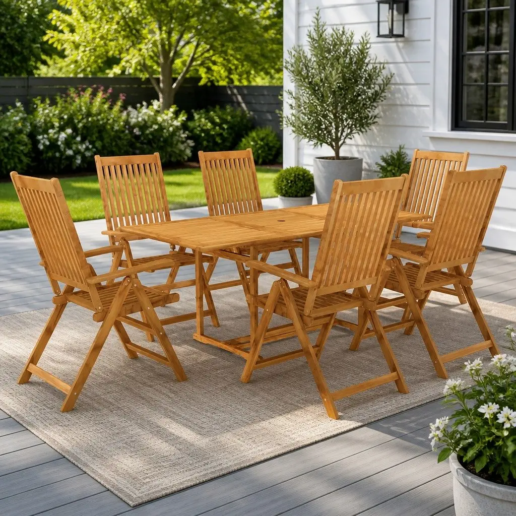 7 Piece Garden Dining Set Teak Wood Outdoor Patio Furniture