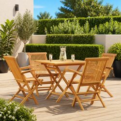 5-Piece Dining Set - Solid Teak Wood, Foldable Design