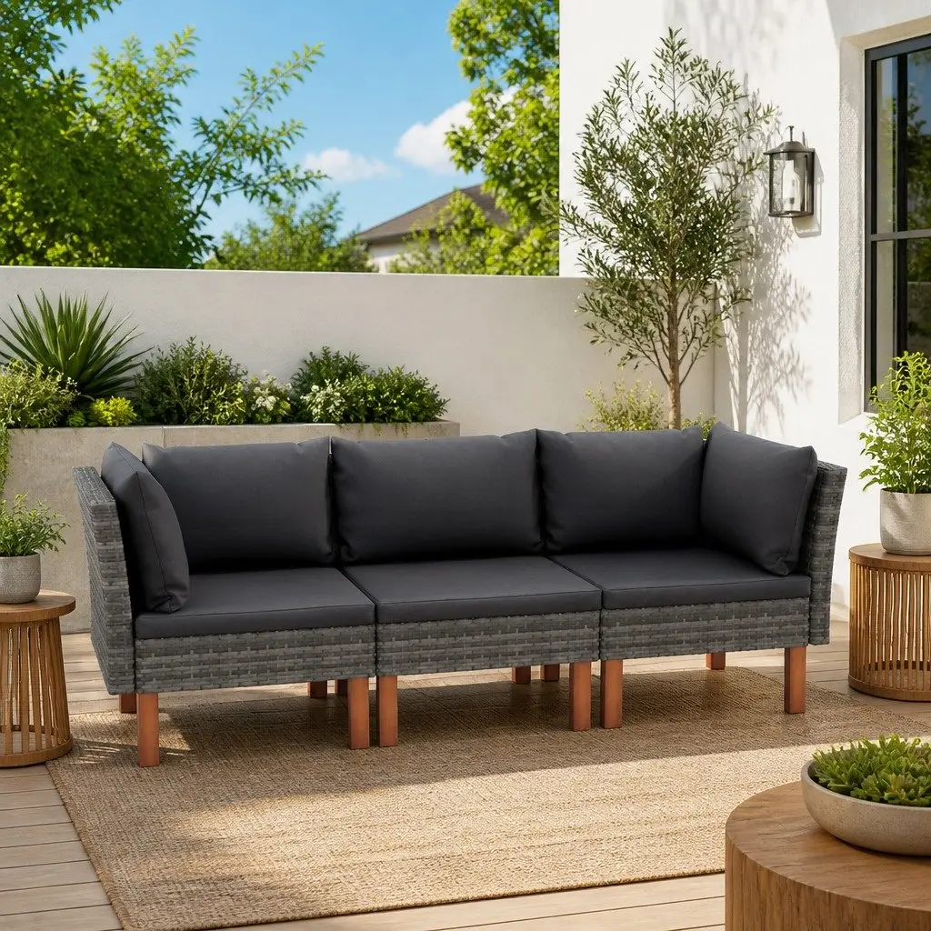 Outdoor 3-Seater Sofa Grey Rattan Cushions Lightweight Patio Chair Garden Furniture