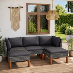 Garden Lounge Set 5 Piece Outdoor Furniture Grey Poly Rattan Sofa with Cushions