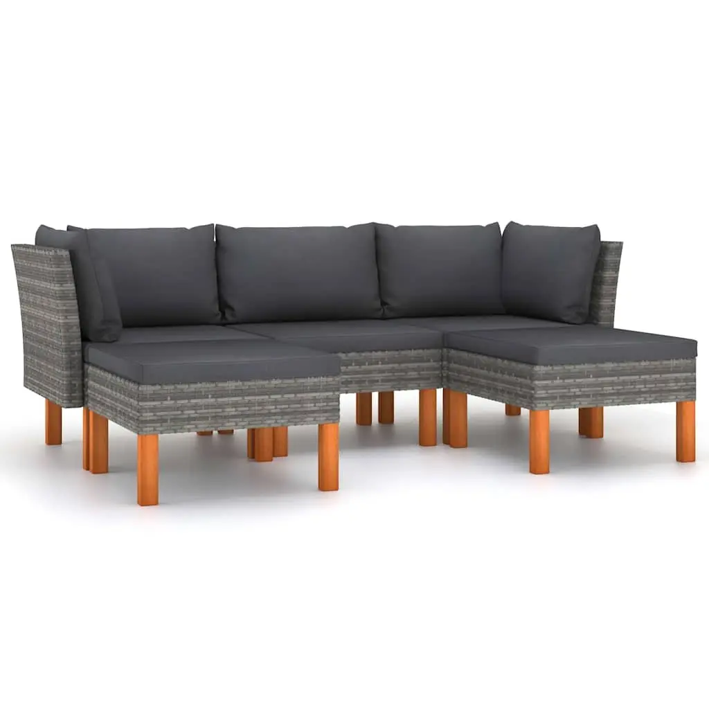 5 Piece Grey Poly Rattan Garden Lounge Set with Cushions for Outdoor Living
