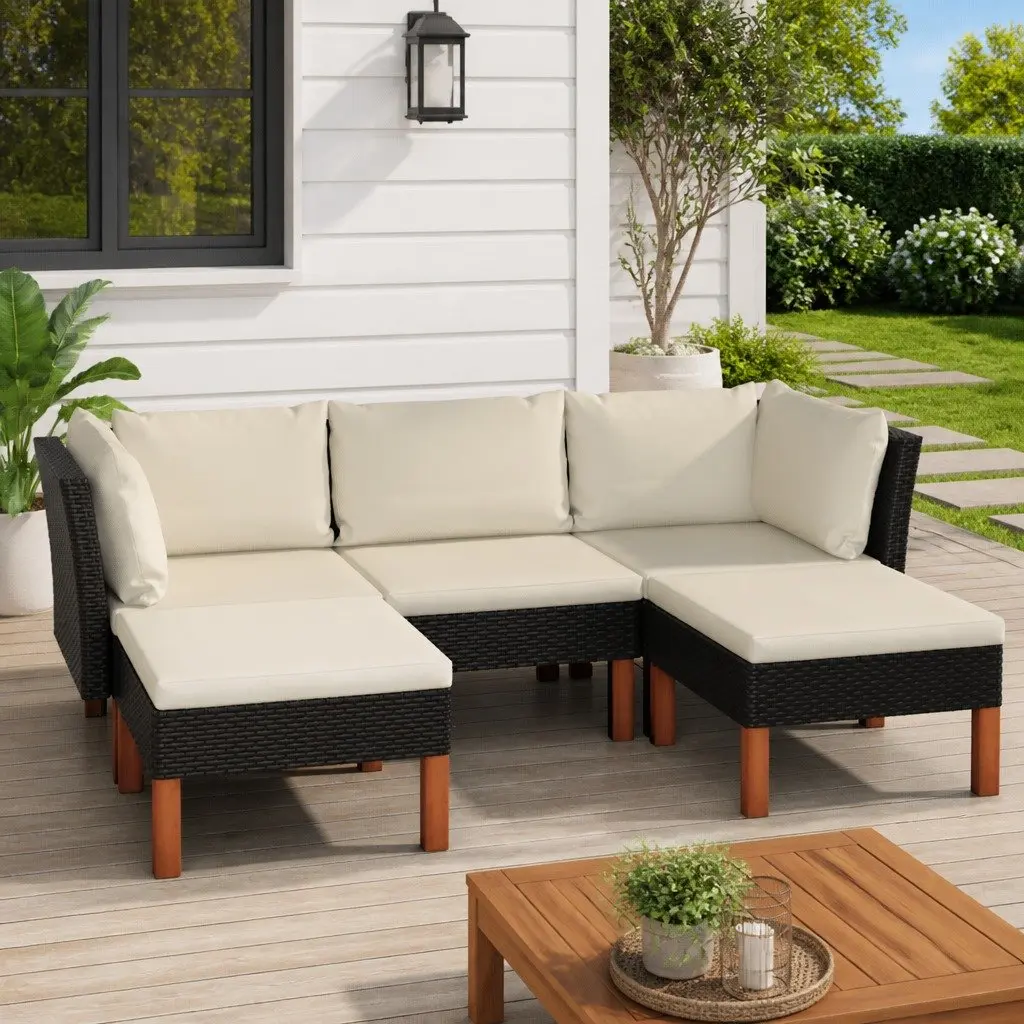Garden Lounge Set Outdoor Sofa 5 Piece PE Rattan Cushions Black