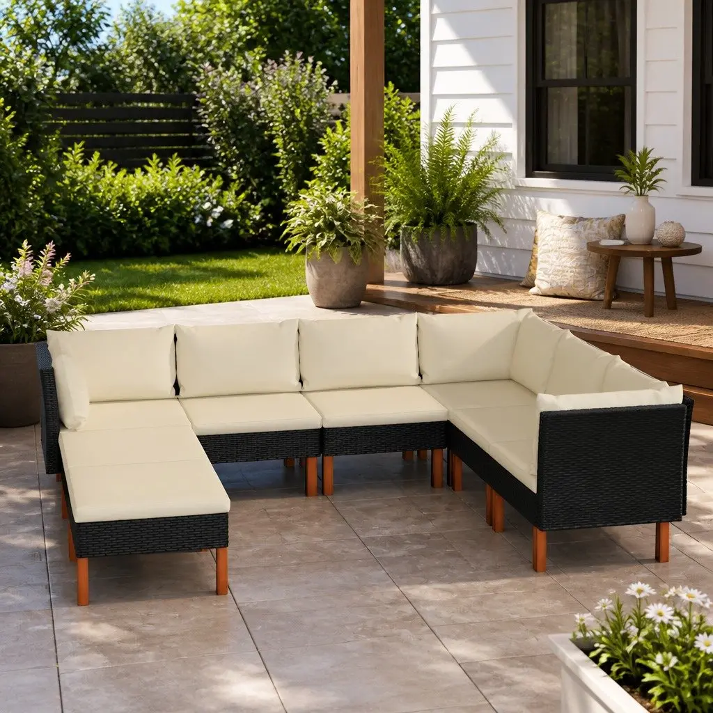 Garden Lounge Set 8 Piece Outdoor Furniture Poly Rattan Sofa Black Cushions