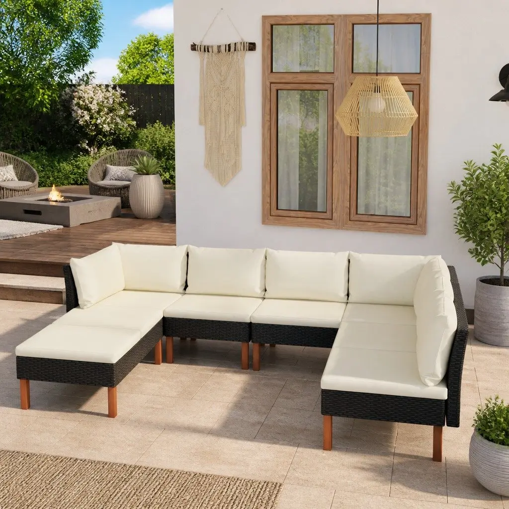 8 Piece Outdoor Lounge Furniture Set Black Rattan Sofa with Cushions for Garden Use