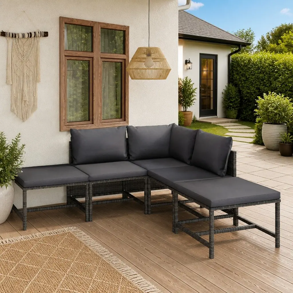 Outdoor Garden Lounge Set 6 Piece Grey Poly Rattan Furniture with Cushions