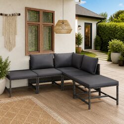 6-Piece Garden Lounge Set: Steel Frame, PE Rattan, Grey