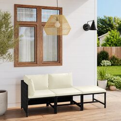 3 Piece Garden Lounge Set - Black Poly Rattan with Cushions