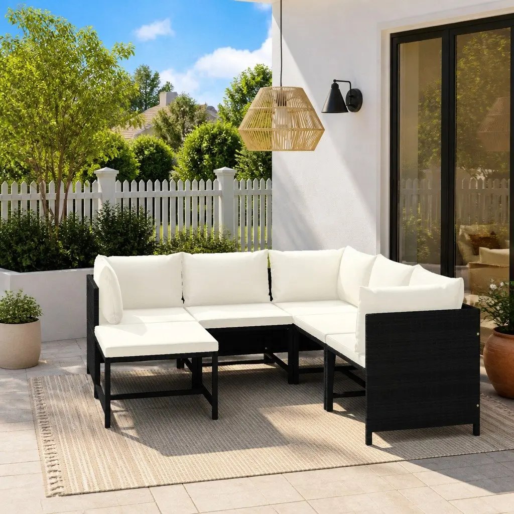 Garden Lounge Set Outdoor Use 6 Piece Black Poly Rattan Furniture with Cushions