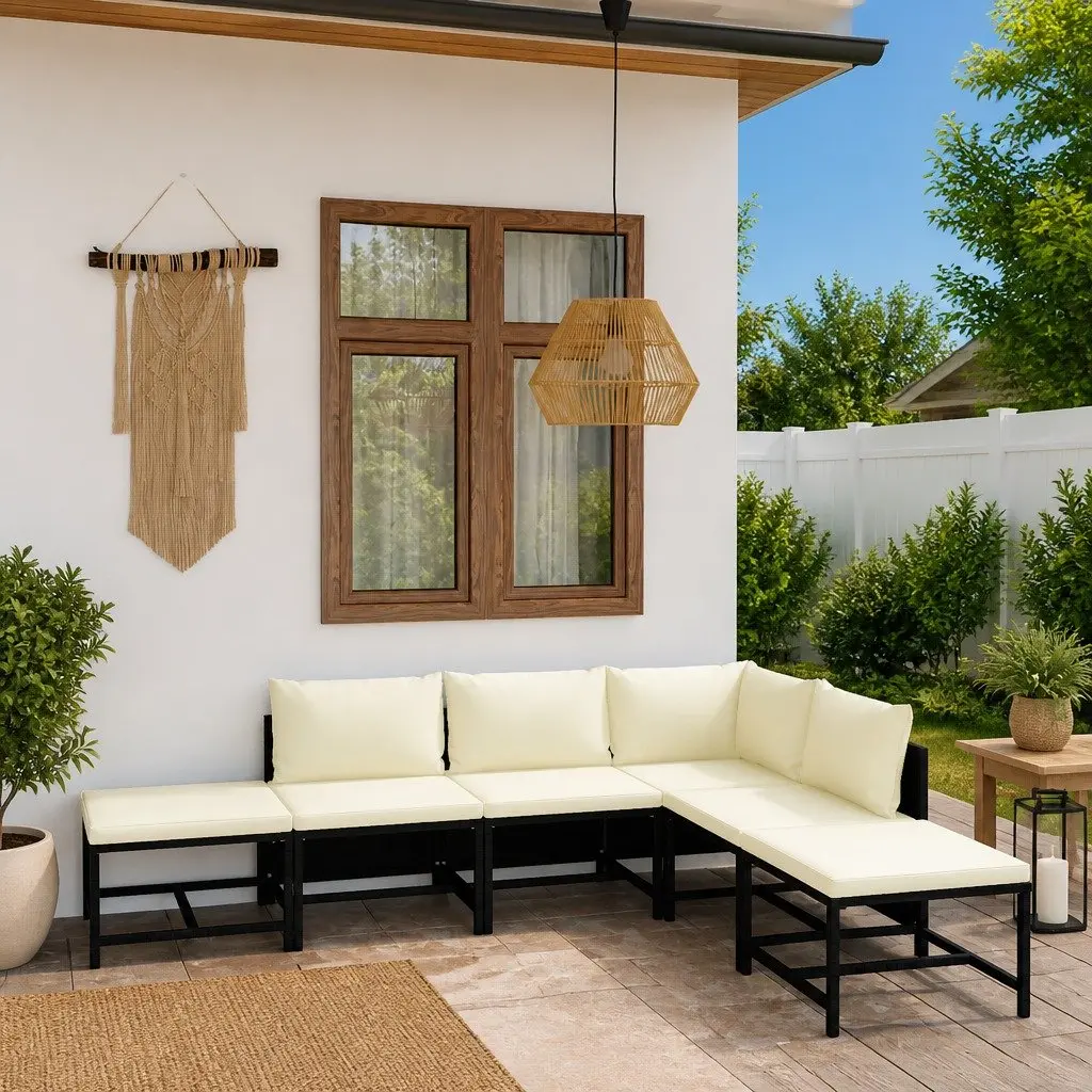 6PieceOutdoorLoungeSetforGardenandPatioBlackwithCushionsModularDesignPErattanandSteelFrameLightweightandEasytoClean