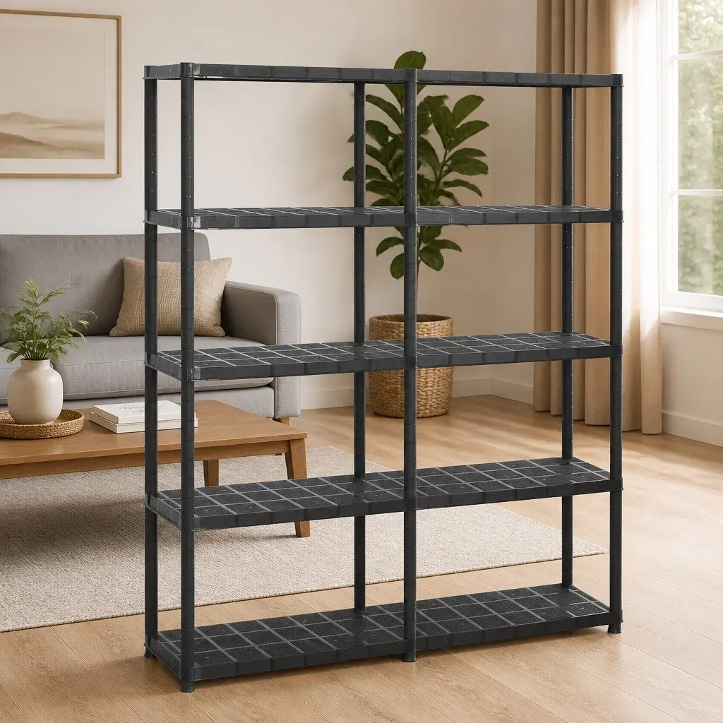 5-Tier Storage Shelf Indoor Use Black Plastic Shelving Unit