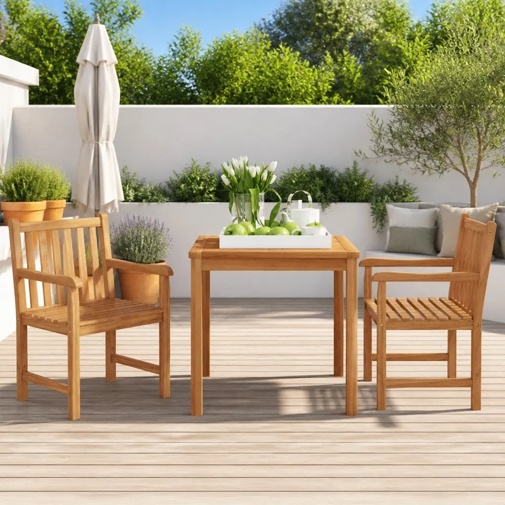 Teak Wood Garden Dining Set 3 Piece Outdoor Patio Table Chairs Brown