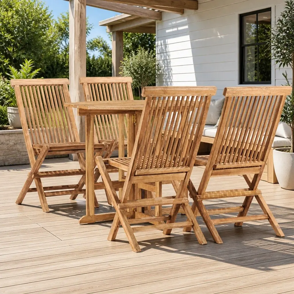 5 Piece Folding Outdoor Dining Set Garden Patio Teak Wood Brown