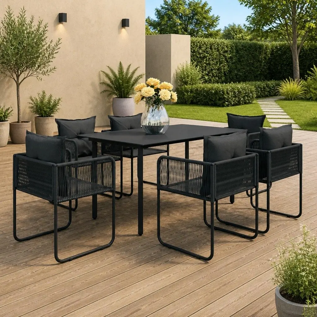 Outdoor Dining Set for Garden Patio 7 Piece Black Rattan Chair Table