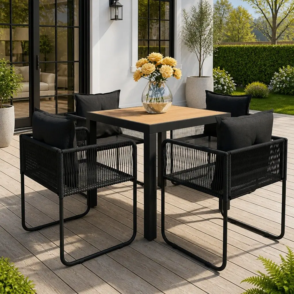 5 Piece Garden Dining Set Outdoor Patio Chair Table Black Rattan Furniture