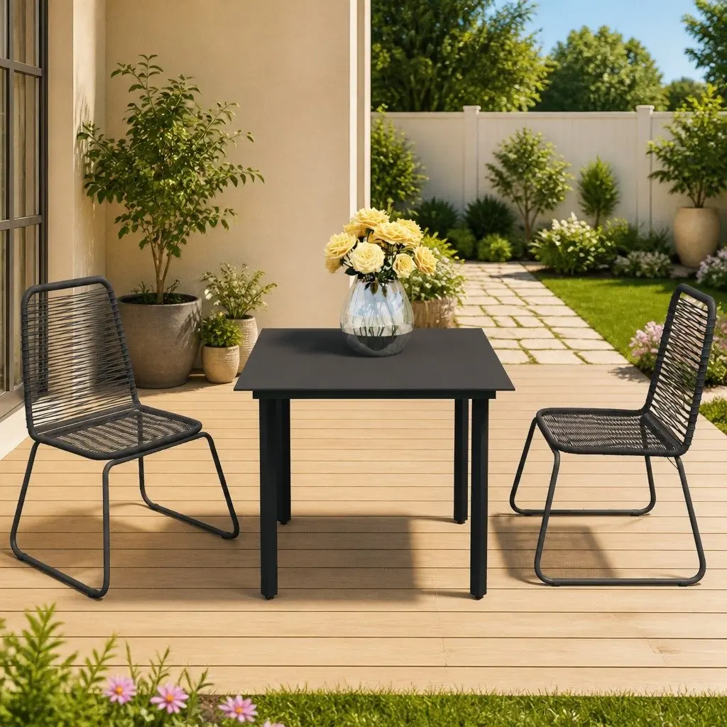 3 Piece Garden Dining Set Outdoor Patio Furniture Black Rattan Steel Frame