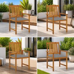 4 Outdoor Garden Chairs with Grey Cushions - Solid Wood