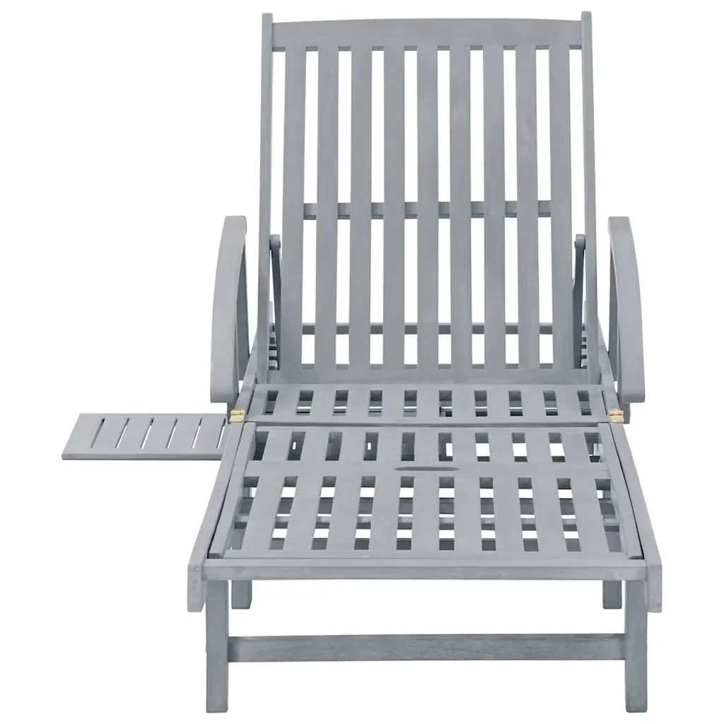 Wooden Sun Lounger for Garden Patio Pool Adjustable Backrest Wheels Pull Out Table Grey