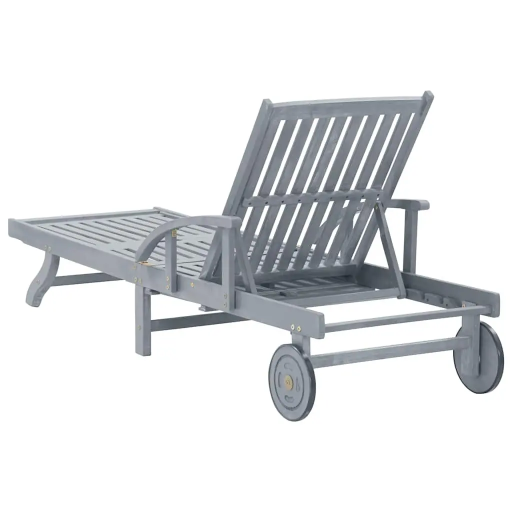 Wooden Sun Lounger for Garden Patio Pool Adjustable Backrest Wheels Pull Out Table Grey