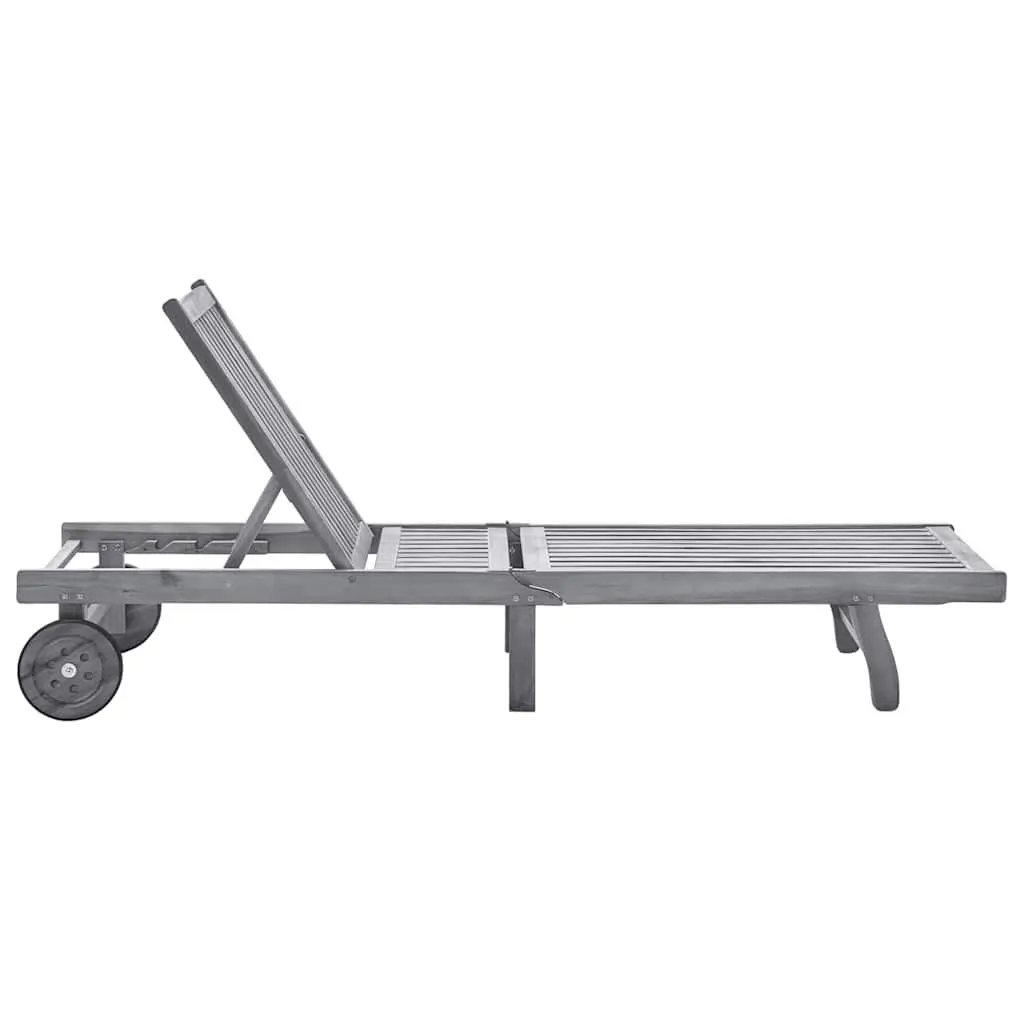 Garden Sun Lounger with Cushion Grey Acacia Wood Adjustable Backrest Outdoor