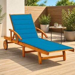 Sun Lounger Garden Chair Acacia Wood Adjustable Backrest Wheels Cushion Blue