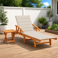 Solid Wood Sun Lounger with Integrated Table and Wheels