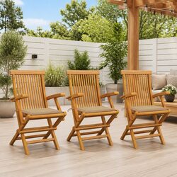 Outdoor Garden Chairs Set 3 pcs Teak Wood Foldable Patio Seating with Beige