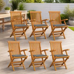 Outdoor Garden Chairs Set of 6, Teak Wood, Grey Cushions