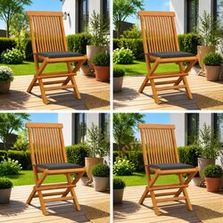Teak Wood Folding Garden Chairs with Cushions - Set of 4