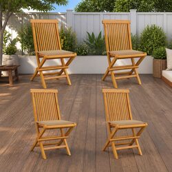 Folding Garden Chairs Set of 4 with Beige Cushions and Teak Frame