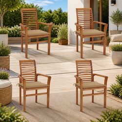 4-Piece Teak Wood Outdoor Dining Chair Set with Cushions