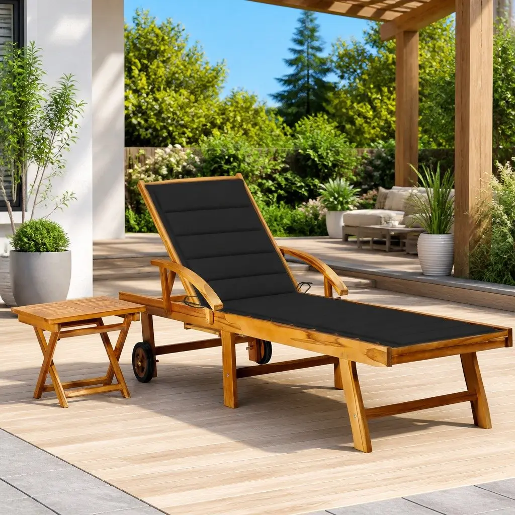 Sun Lounger Outdoor Patio Garden Adjustable Backrest Side Table 2 Wheels
