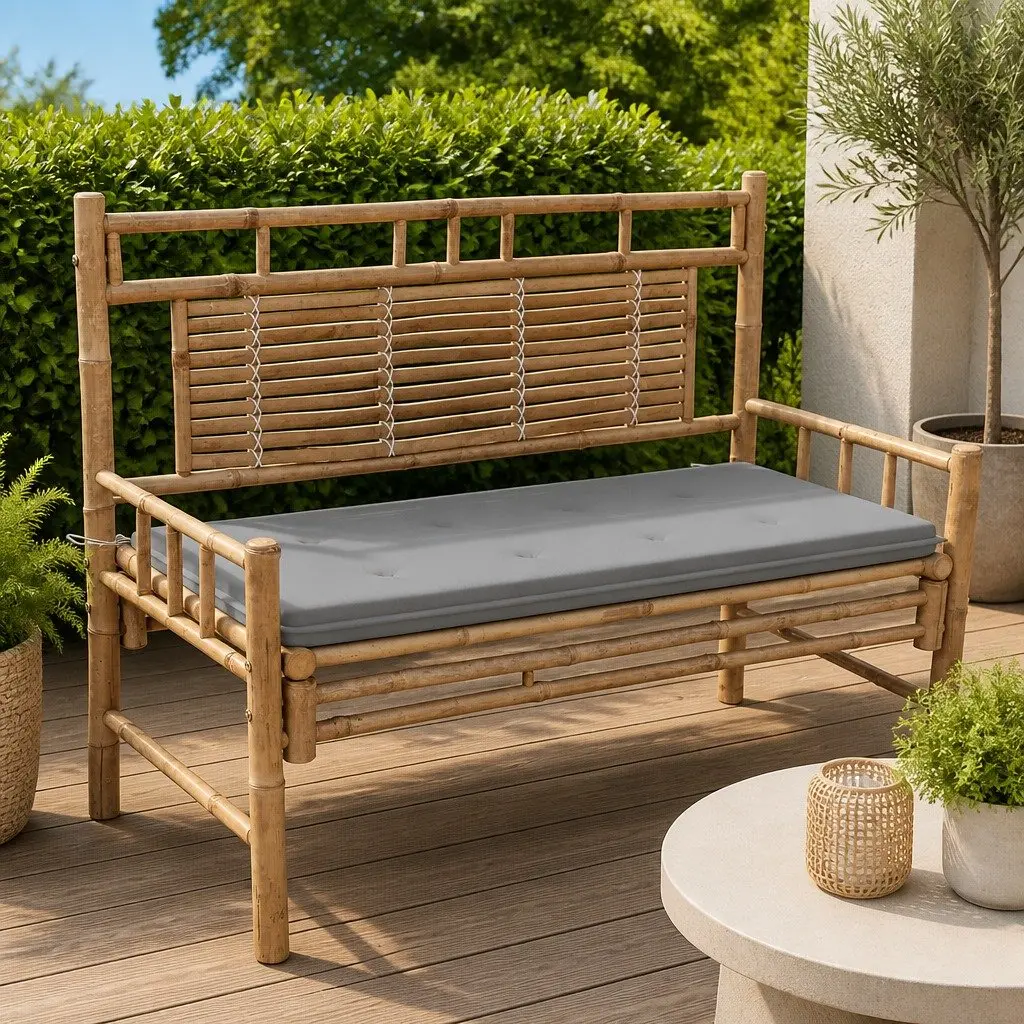 Garden Bench Outdoor 120cm with Backrest and Cushion Grey Bamboo
