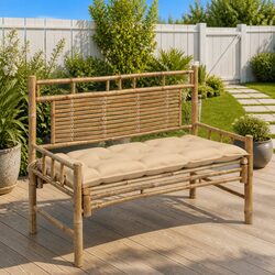 Bamboo Garden Bench: 120cm Wide with Beige Cushion Included