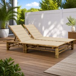2-Person Sun Lounger Bamboo Garden Outdoor Furniture Beige Adjustable Reclining