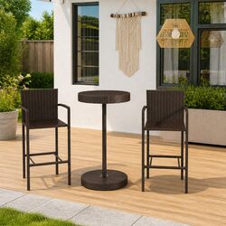Garden Bar Set: 1 Table, 2 Stools, Steel & Rattan