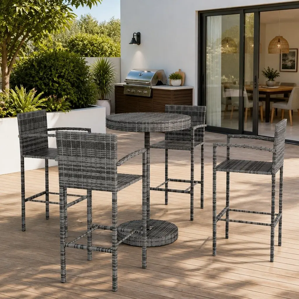 5 Piece Garden Bar Set Grey Outdoor Poly Rattan Table Stools Patio Furniture