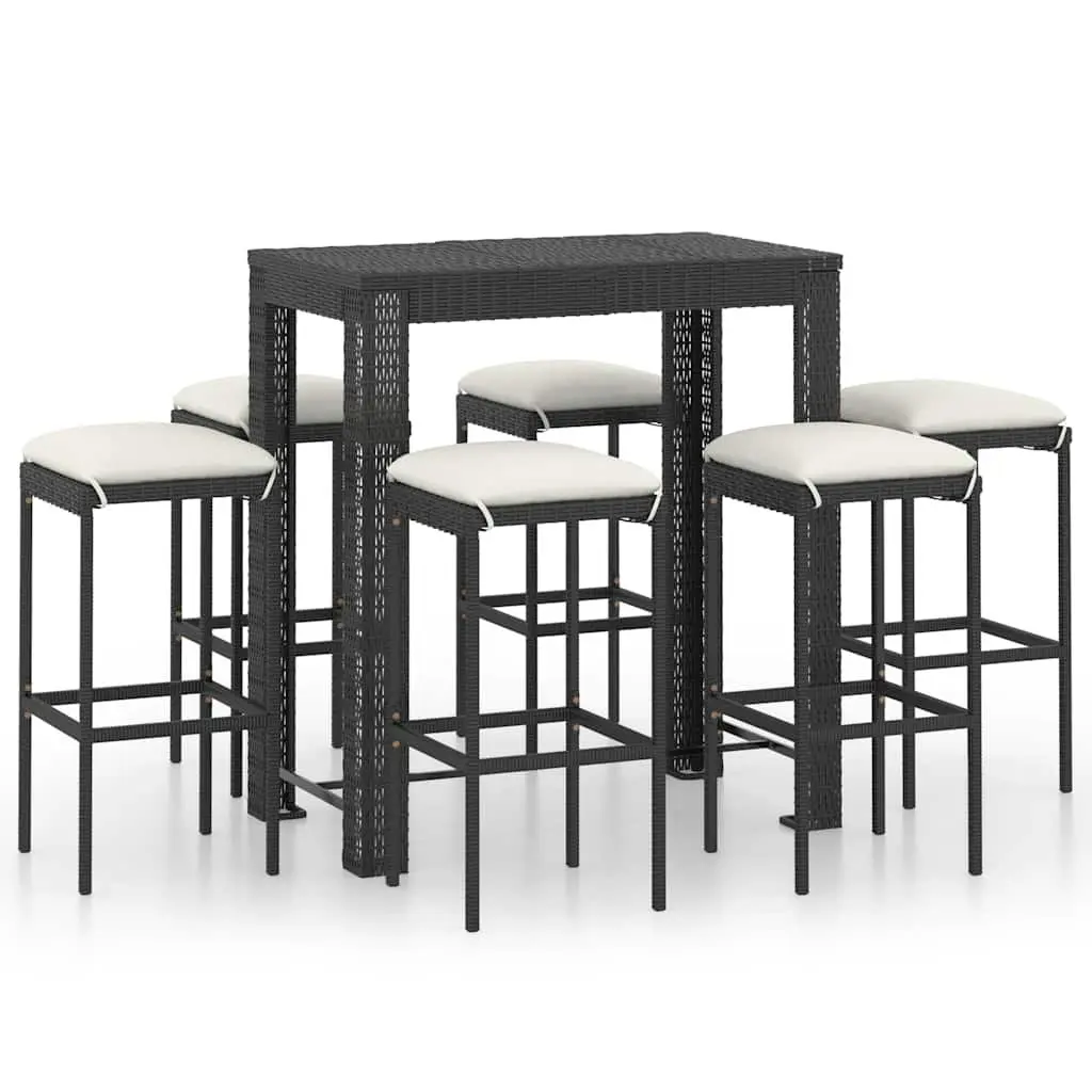 7 Piece Garden Bar Set with Cushions Poly Rattan Outdoor Bar Table Stools Black