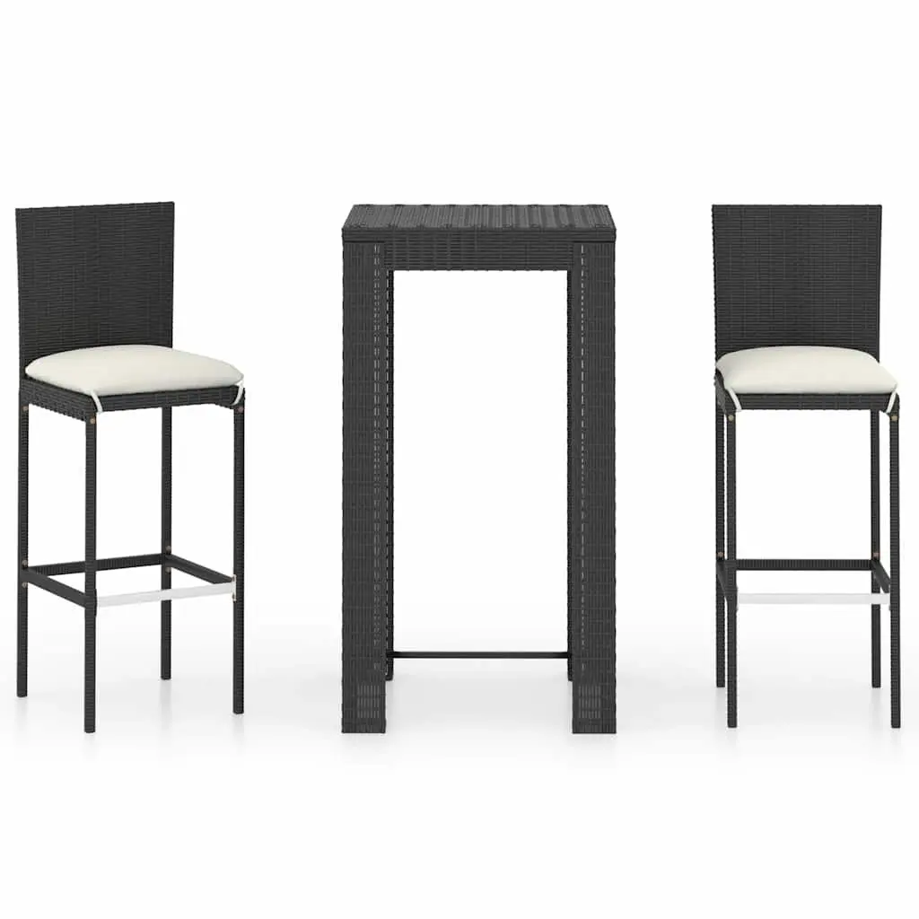 3 Piece Outdoor Bar Set for Garden Black Poly Rattan Table and Stools with Cushions