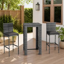 3 Piece Grey Poly Rattan Bar Set with Cushions Included